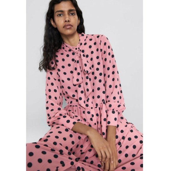 Zara Pleated Polka Dot Long Sleeve Dress w/ Neck Tie Pink/Black NWT. - Picture 5 of 9